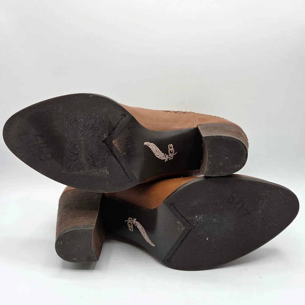 UGG Charlotte Brown Leather Whipstitch Western Ankle Boots Back Zip Block Heel